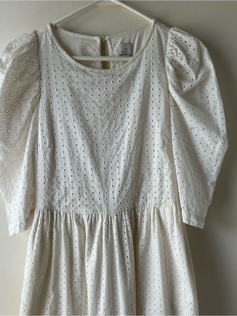 A New Day 100% Cotton Eyelet Cottagecore Midi Dress Puff Half Sleeves Off-White - Picture 4 of 12
